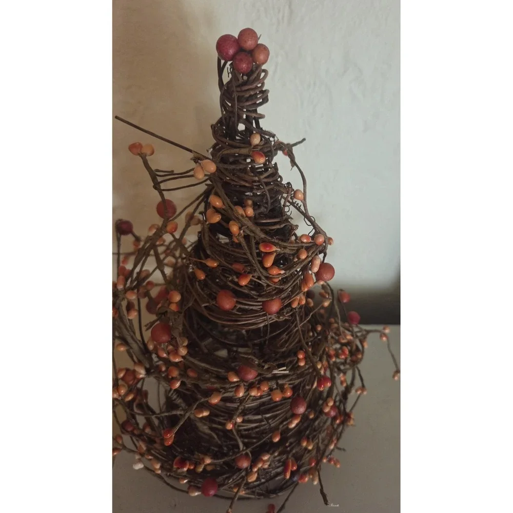 Autumn Rattan Tabletop/Shelf Rustic Tree  w Pumpkins & Berry Garland Fall Decor